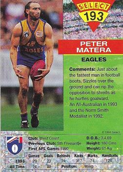 1994 Select AFL #193 Peter Matera Back